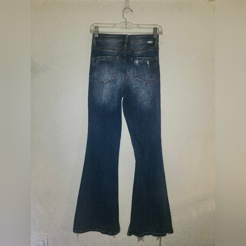👖NWOT Risen "Vent High Rise Split Flare Jeans w/Distressing" Dark Denim Sz 3/26 - Picture 11 of 14